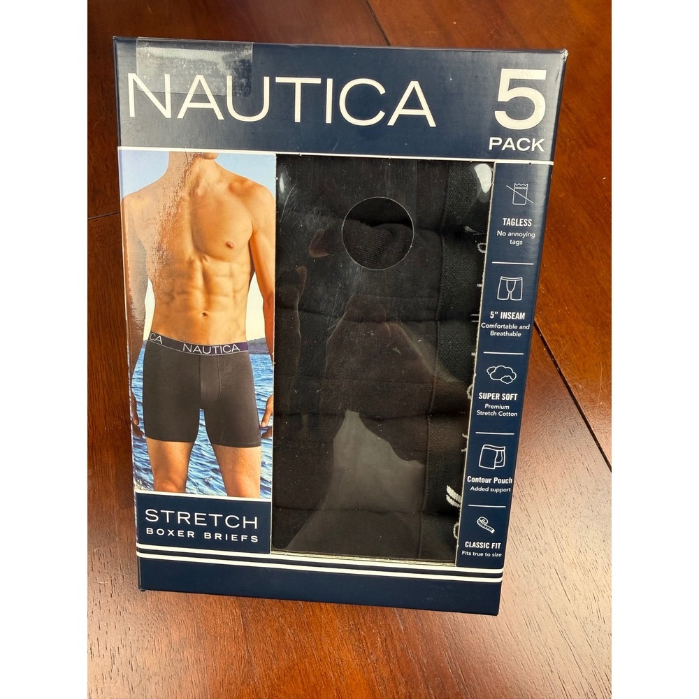 Nautica Mens 5 Pack Stretch Boxer Briefs Black Classic Fit XL 40-42" 5" Inseam